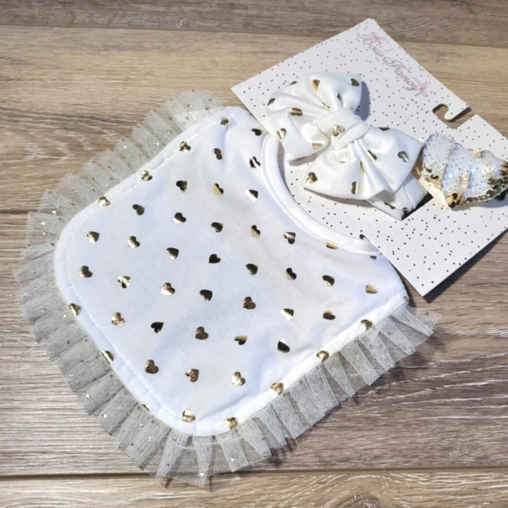 White And Gold Heart Baby Bib and Bow Set